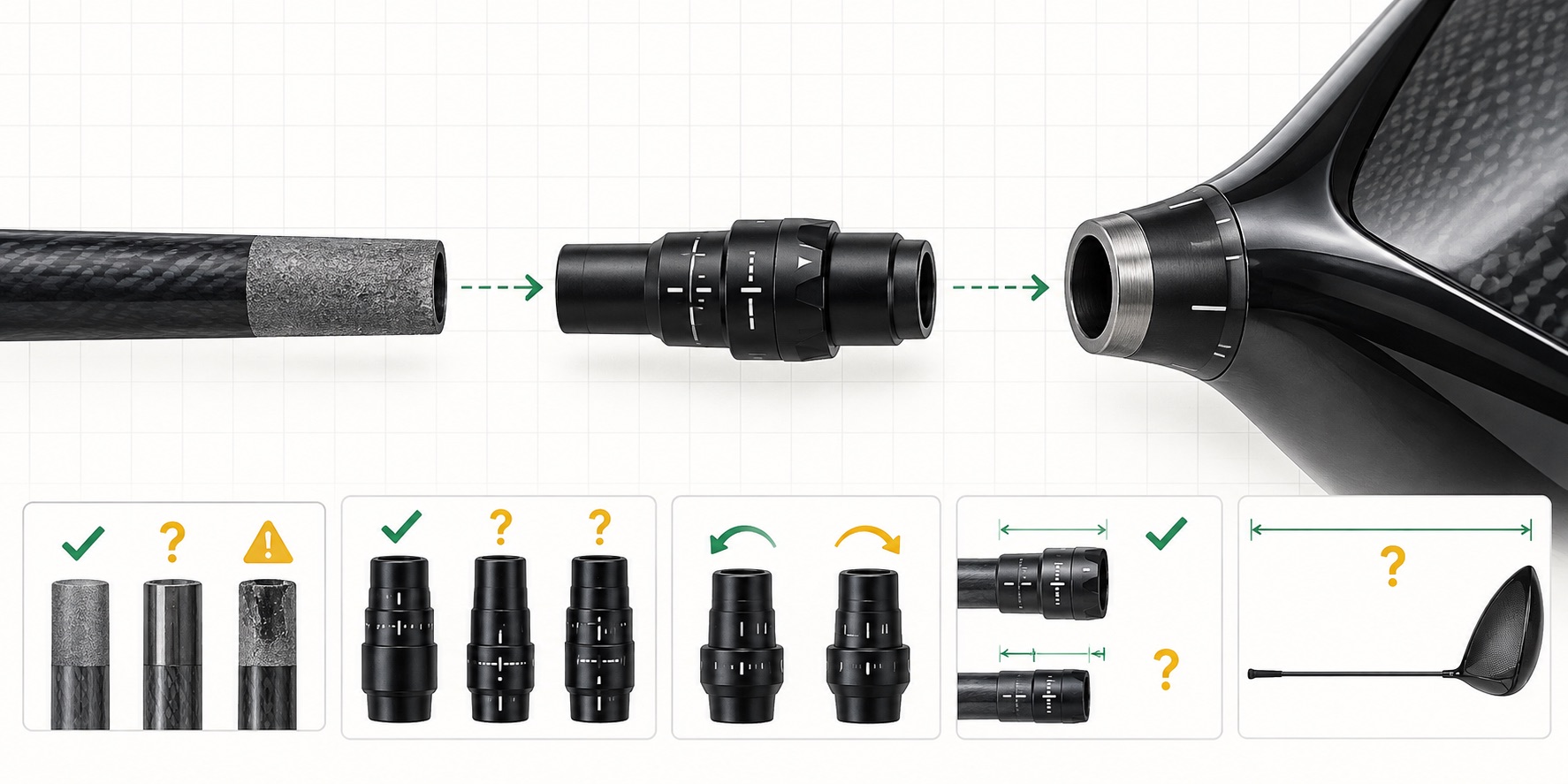 Exploded view of a driver shaft, adapter sleeve and clubhead showing compatibility checks